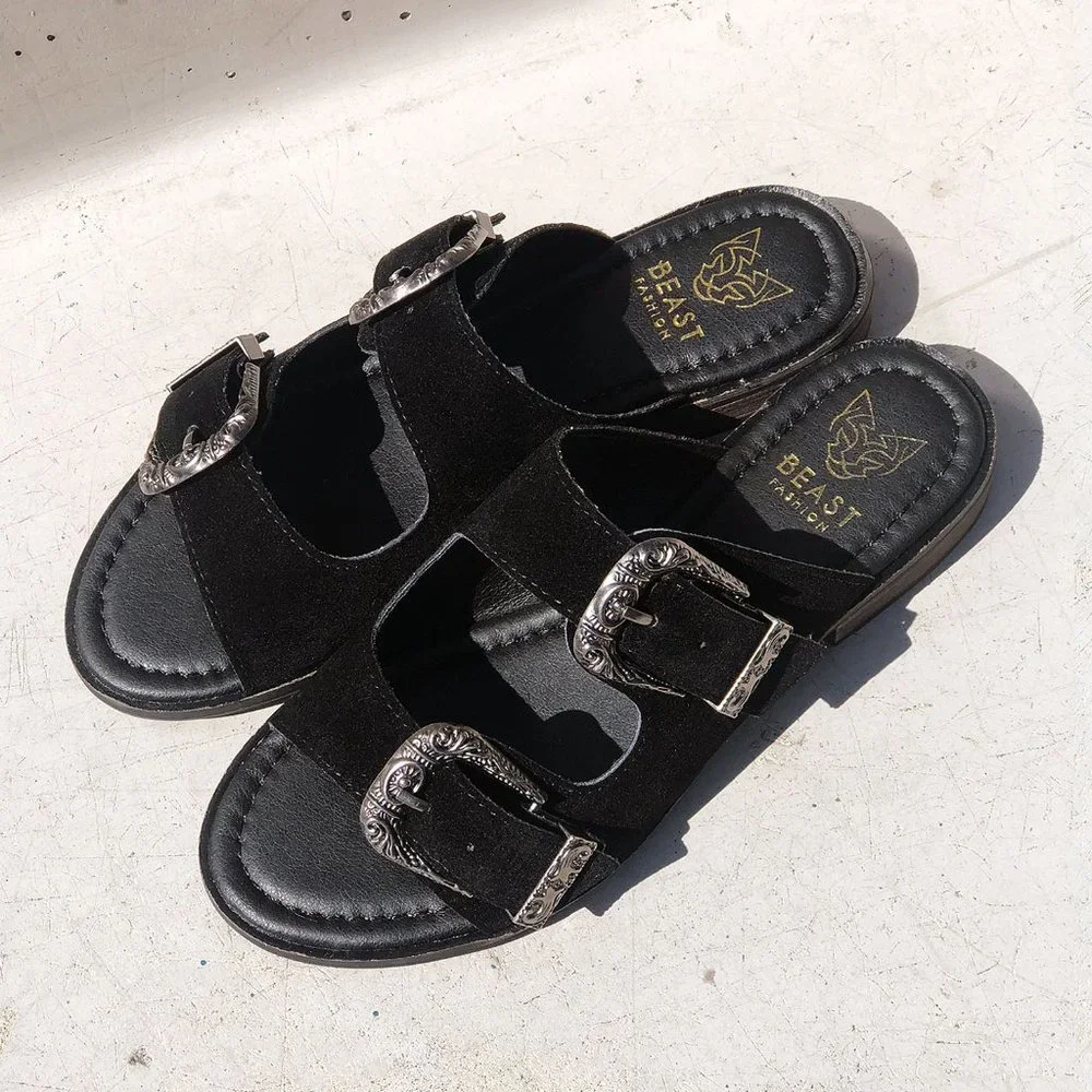 NEW Black Faux Suede Western Metal Buckled Straps Slides Slip On Sandals Shoes - Picture 4 of 12